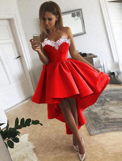 A-Line Cocktail Dresses Minimalist Dress Homecoming Asymmetrical Sleeveless Strapless Satin with Appliques