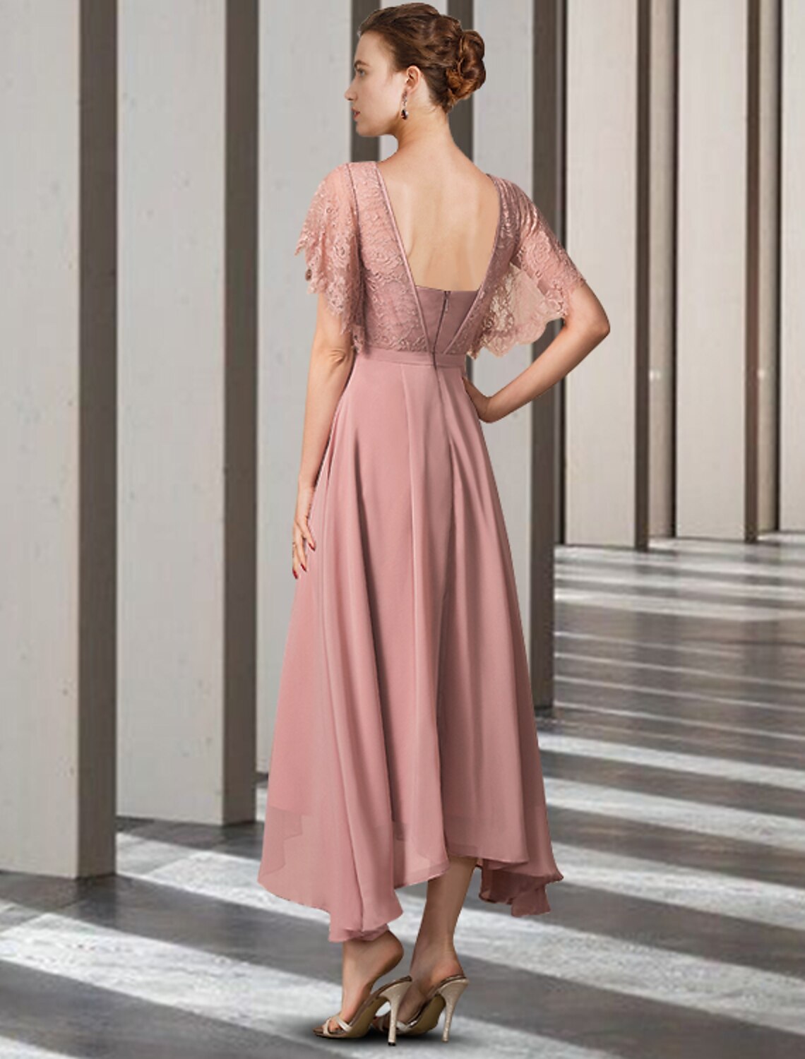 A-Line Mother of the Bride Dress Elegant High Low V Neck Asymmetrical Tea Length Chiffon Lace Short Sleeve with Appliques