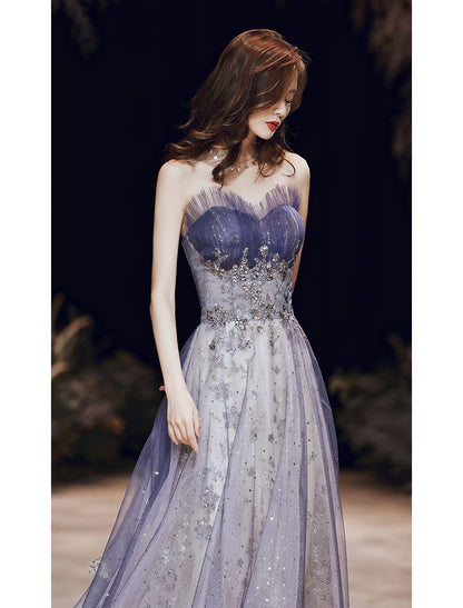 A-Line Sparkle Elegant Wedding Guest Prom Formal Evening Dress Strapless Sleeveless Floor Length Satin