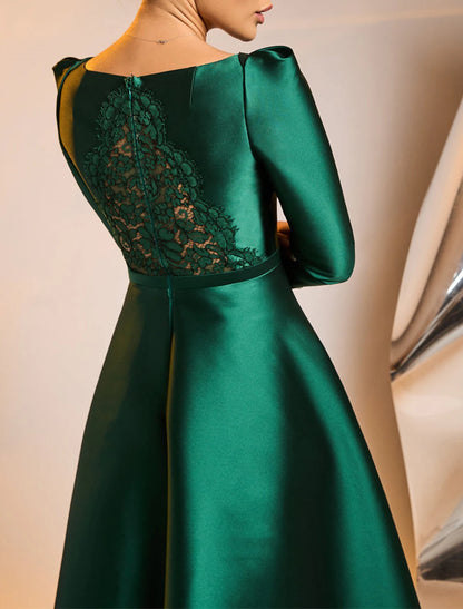 A-Line Cocktail Dresses Elegant Dress Wedding Guest Tea Length Long Sleeve Jewel Neck Satin with Appliques