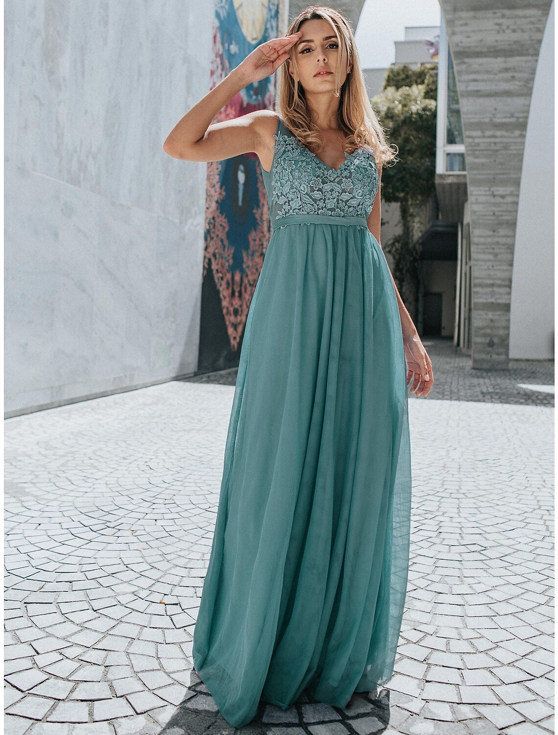 A-Line Empire Holiday Prom Dress V Neck V Back Sleeveless Floor Length Chiffon with Appliques