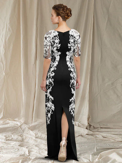 Wholesa Sheath / Column Mother of the Bride Dress Elegant V Neck Floor Length Chiffon Lace Half Sleeve with Appliques