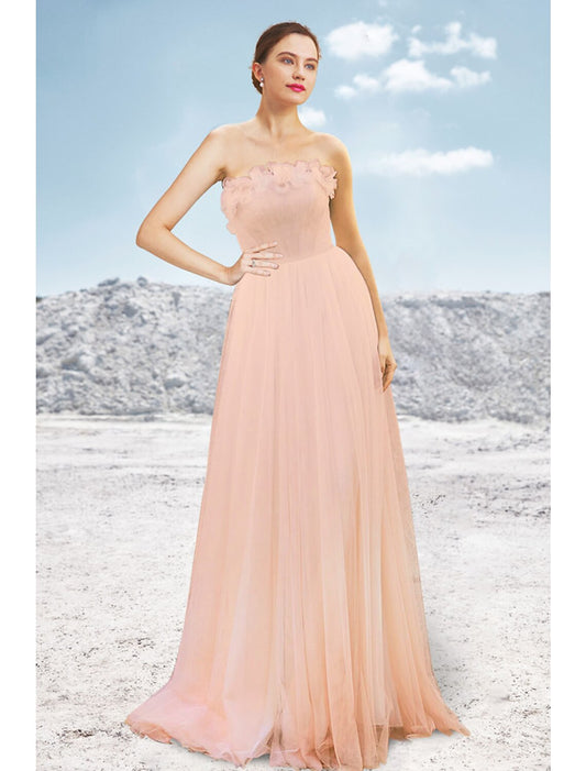 A-Line Evening Gown Elegant Dress Formal Sweep / Brush Train Sleeveless Strapless Tulle with Pleats