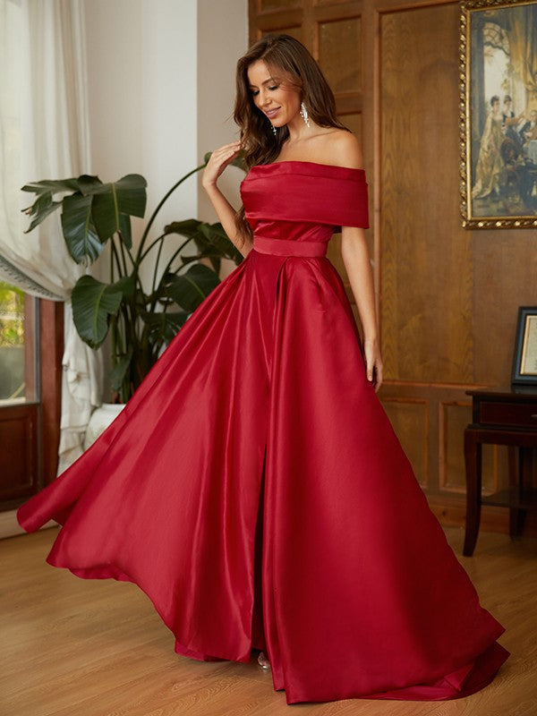 A-Line/Princess Satin Ruffles One-Shoulder Sleeveless Sweep/Brush Train Dresses