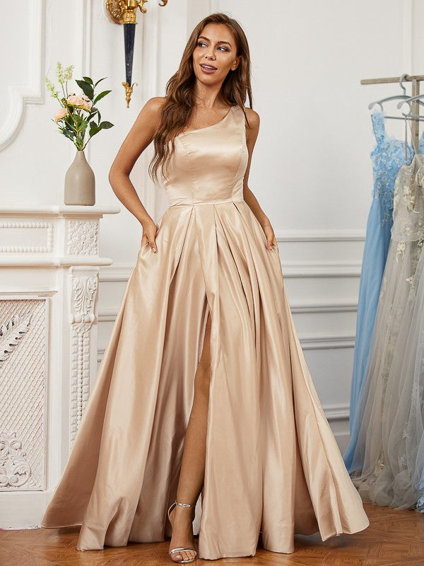 A-Line/Princess Satin Ruffles One-Shoulder Sleeveless Floor-Length Dresses