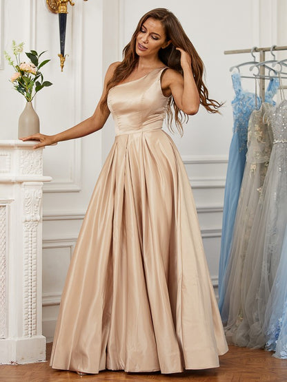 A-Line/Princess Satin Ruffles One-Shoulder Sleeveless Floor-Length Dresses