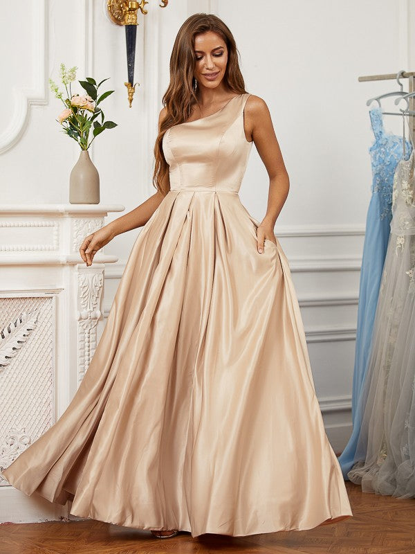 A-Line/Princess Satin Ruffles One-Shoulder Sleeveless Floor-Length Dresses