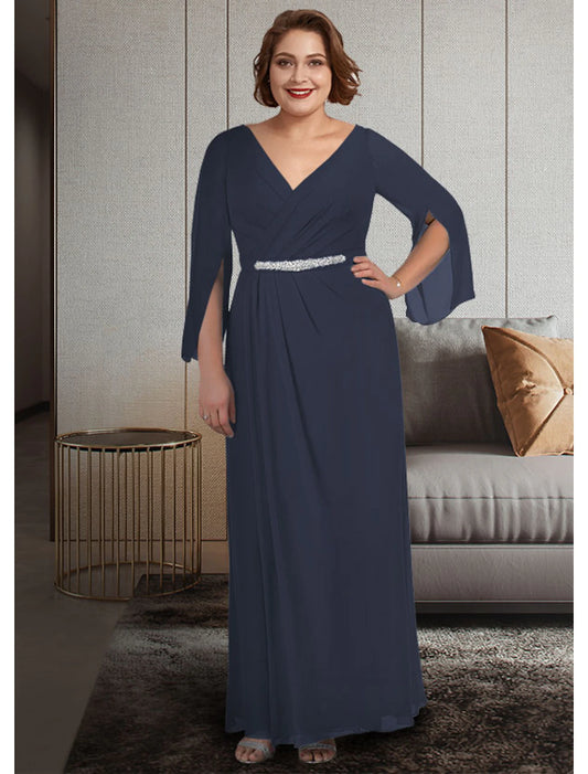 A-Line Mother of the Bride Dress Plus Size Elegant V Neck Ankle Length Chiffon 3/4 Length Sleeve with Sash / Ribbon Ruching