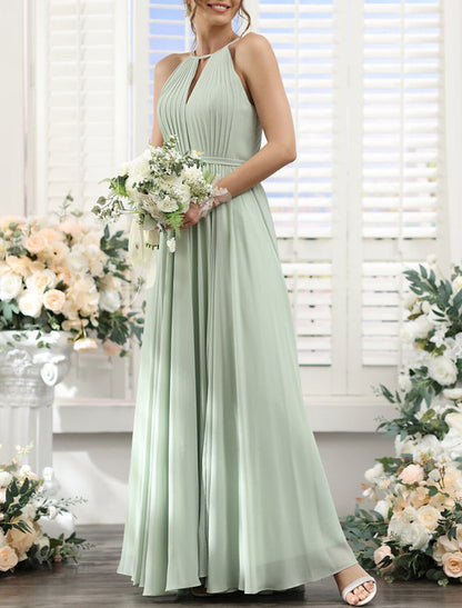 A-Line Bridesmaid Dress Halter Short Sleeve Elegant Floor Length Chiffon with Split Front / Ruching