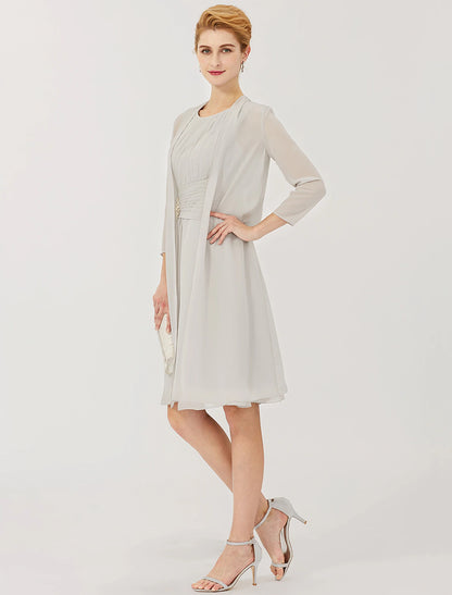 Sheath / Column Mother of the Bride Dress Formal Classic & Timeless Elegant & Luxurious Convertible Dress Jewel Neck Knee Length Chiffon 3/4 Length Sleeve with Criss Cross Crystal Brooch