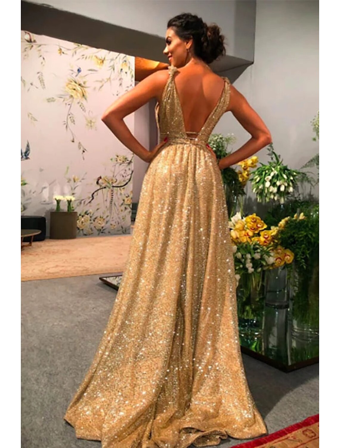 A-Line Prom Dresses Glittering Dress Evening Party Formal Evening Sweep / Brush Train Sleeveless Spaghetti Strap Stretch Satin Backless with Rhinestone