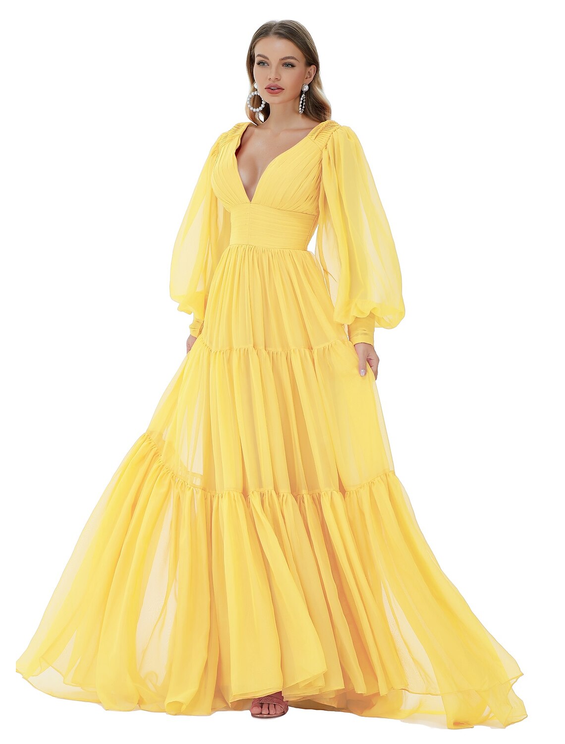 A-Line Evening Gown Sexy Dress Party Wear Sweep / Brush Train Long Sleeve V Neck Chiffon with Ruched