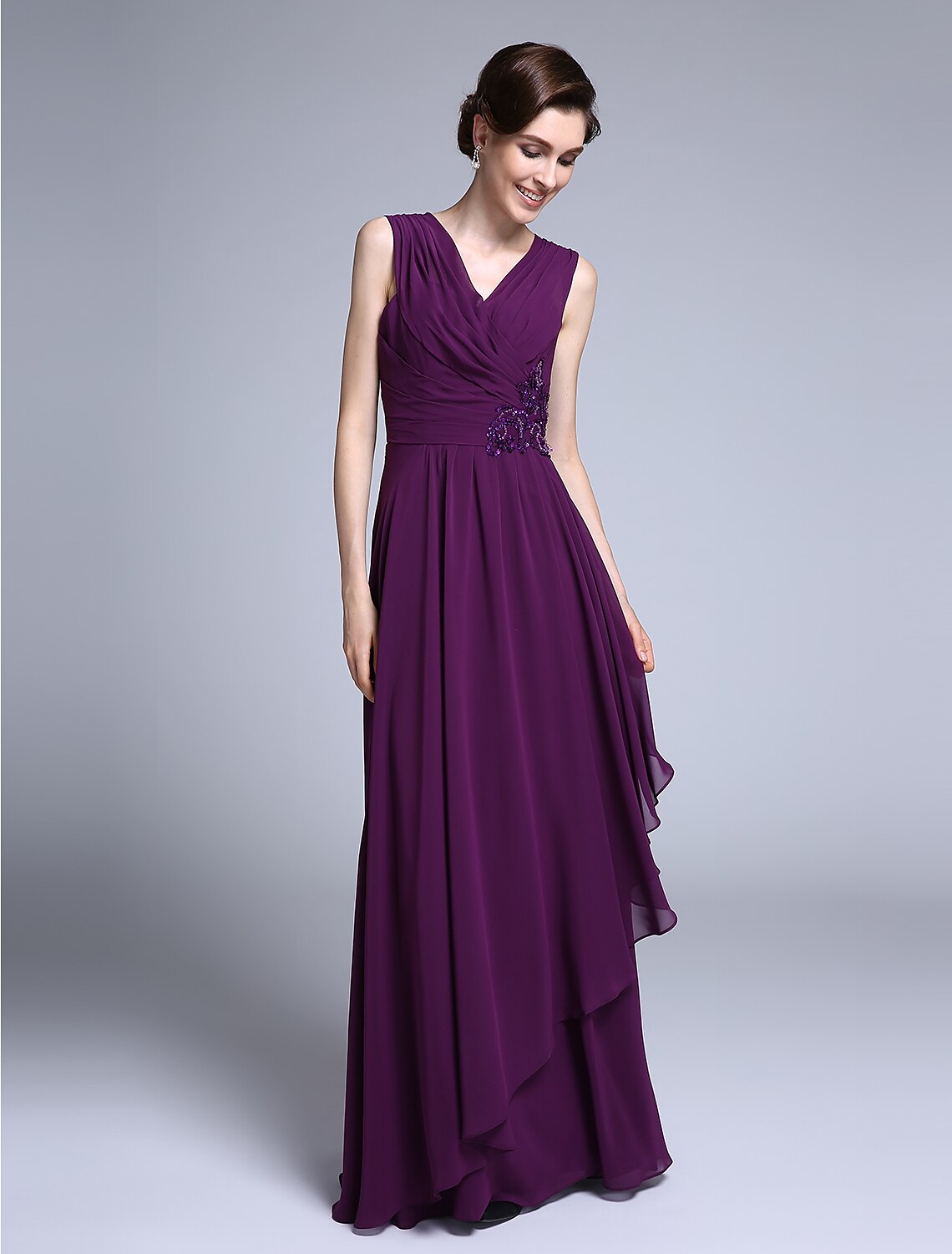 Sheath / Column Mother of the Bride Dress Elegant V Neck Floor Length Chiffon Sleeveless No with Criss Cross Sequin