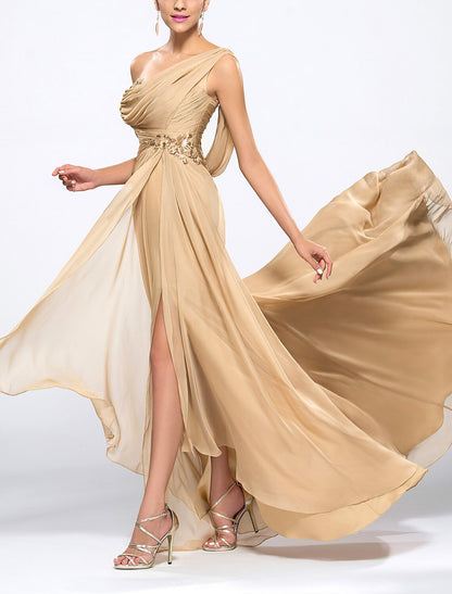 Mermaid / Trumpet Beautiful Back Sexy Wedding Guest Formal Evening Dress One Shoulder Cowl Back Sleeveless Sweep / Brush Train Chiffon with Slit Appliques