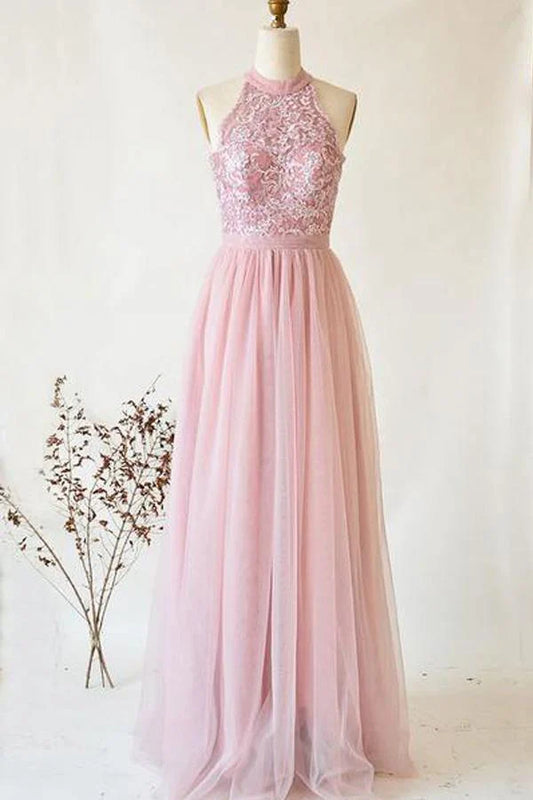 A-line Tulle Lace Strapless High Neck Long Senior Prom Dress