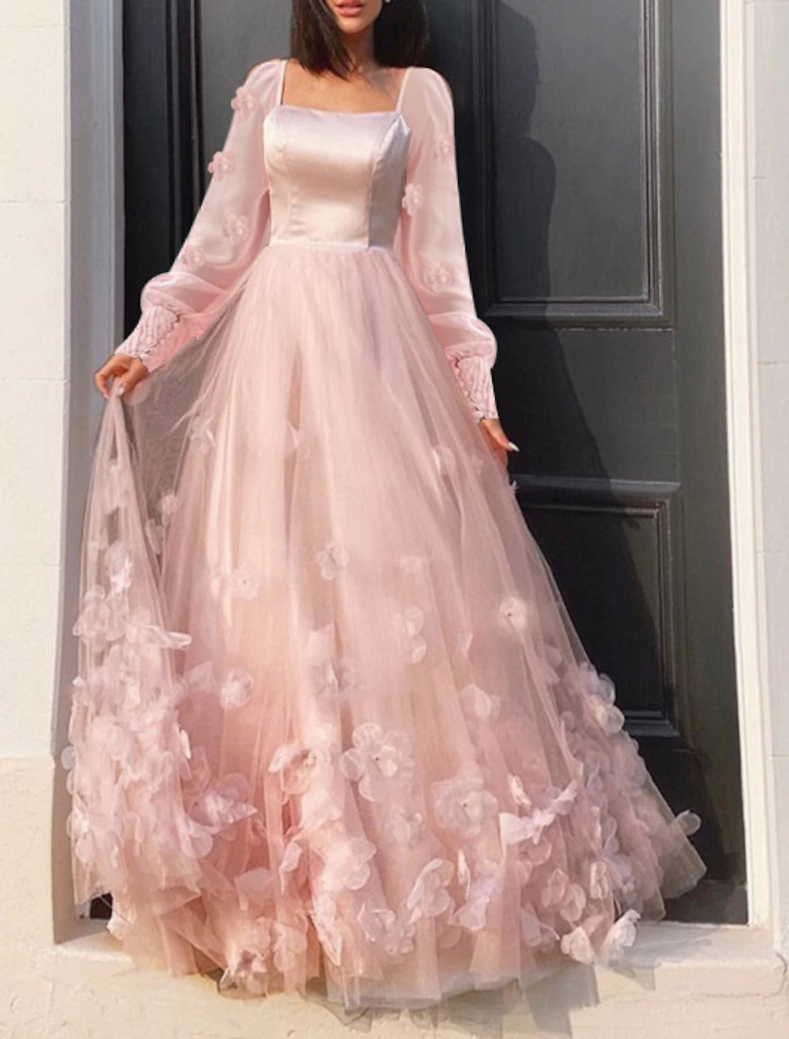 A-Line Prom Dresses Maxi Dress Sweet 16 Birthday Floor Length Long Sleeve Scoop Neck Tulle with Appliques Butterfly