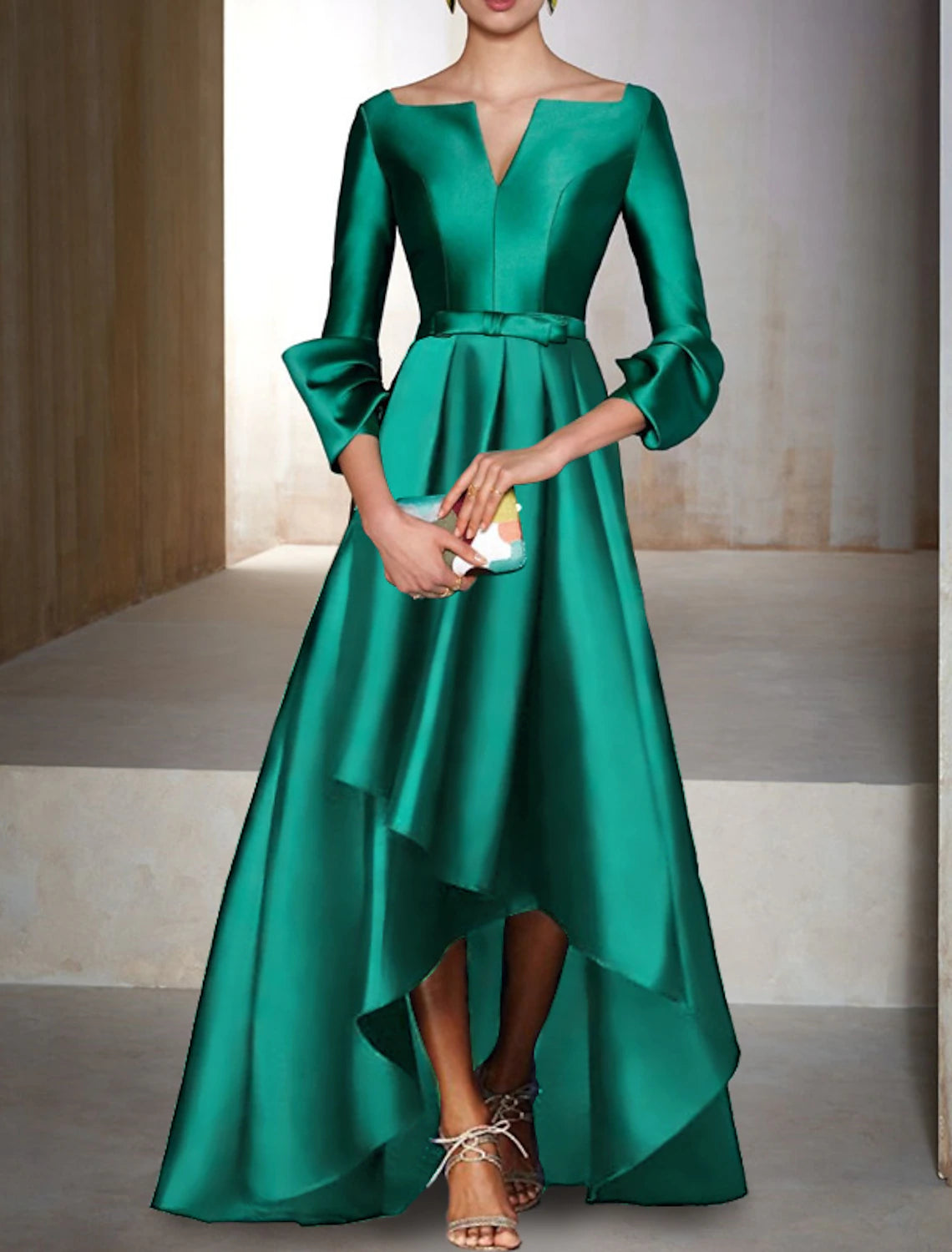 A-Line Evening Gown Elegant Dress Christmas Red Green Dress Formal Wedding Guest Floor Length 3/4 Length Sleeve V Neck Satin with Bow(s)