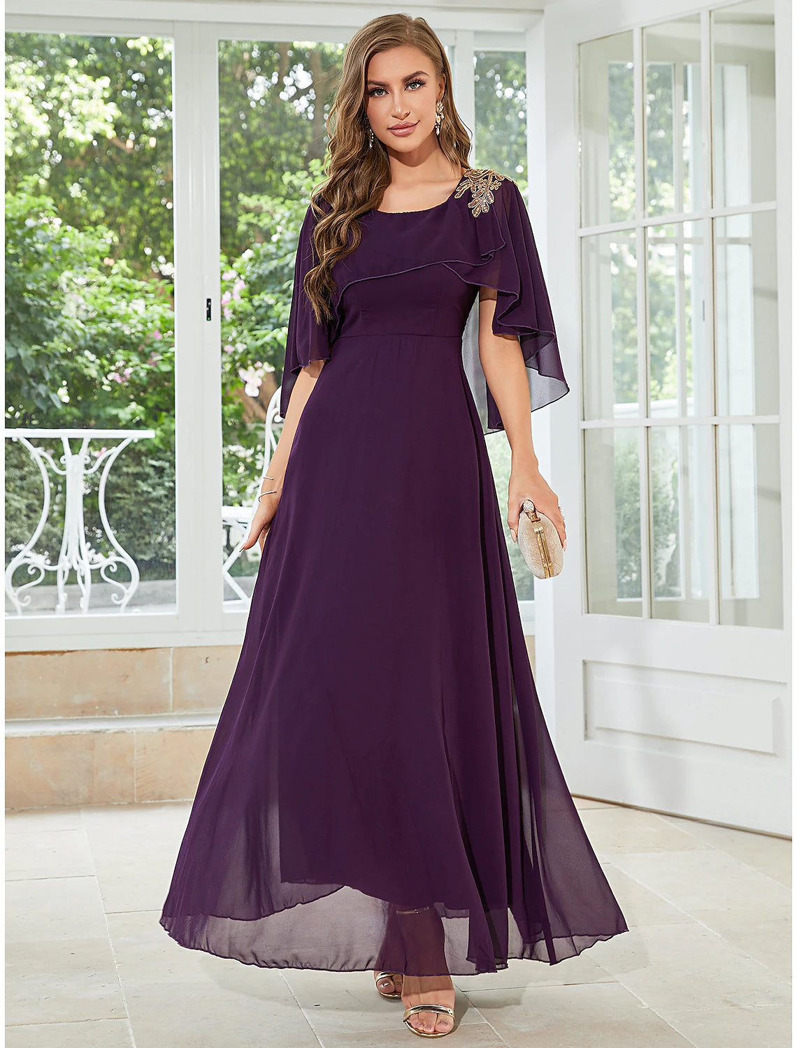 A-Line Wedding Guest Dresses Elegant Dress Party Wear Floor Length Half Sleeve Jewel Neck Chiffon with Ruffles