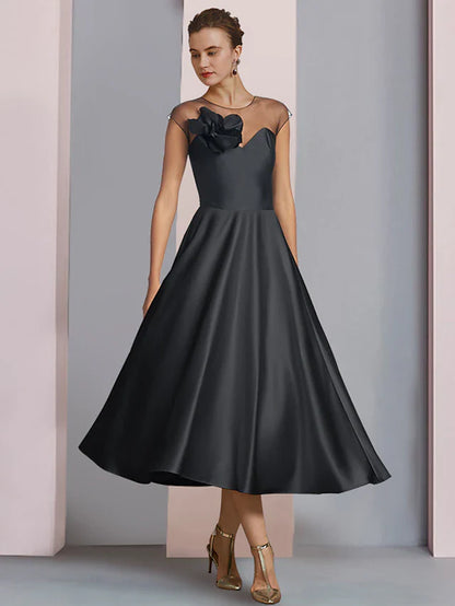 A-Line Mother of the Bride Dress Wedding Guest Party Elegant Scoop Neck Tea Length Satin Half Sleeve with Pleats Flower