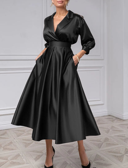 A-Line Cocktail Dresses Vintage Black Dress Plus Size Wedding Guest Evening Party Tea Length 3/4 Length Sleeve Shirt Collar Satin with Pleats