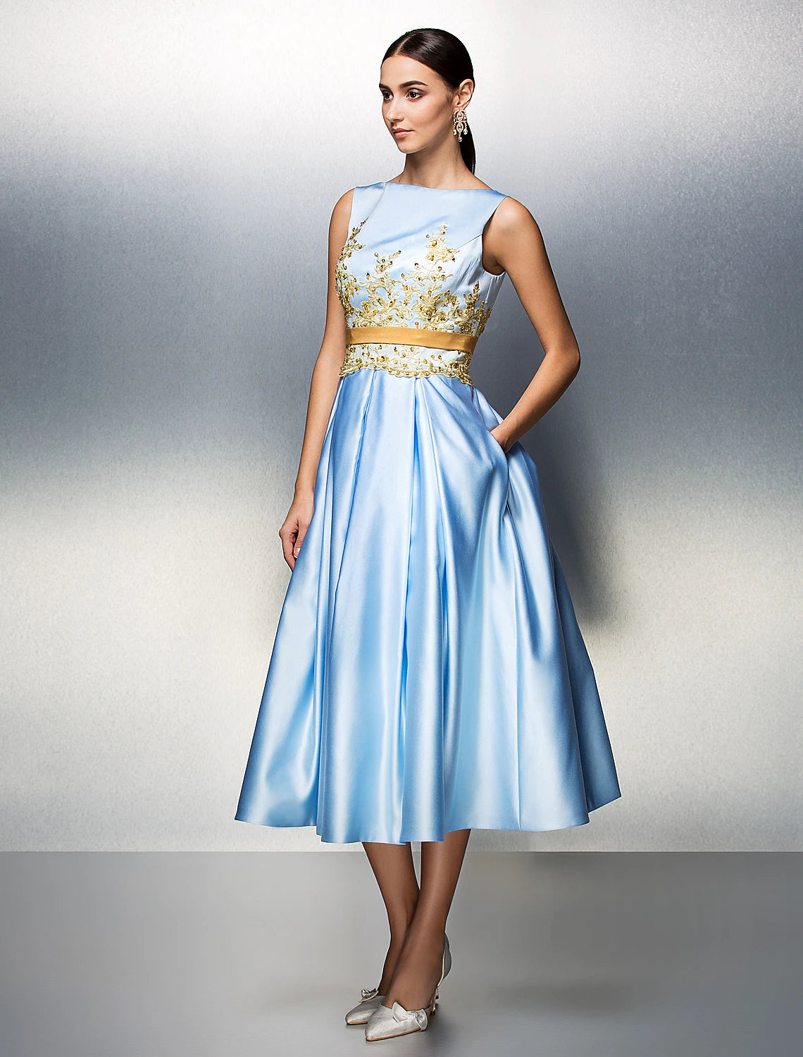 A-Line Party Dress Wedding Guest Tea Length Sleeveless Jewel Neck Satin V Back with Pleats Appliques