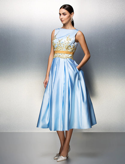 A-Line Party Dress Wedding Guest Tea Length Sleeveless Jewel Neck Satin V Back with Pleats Appliques