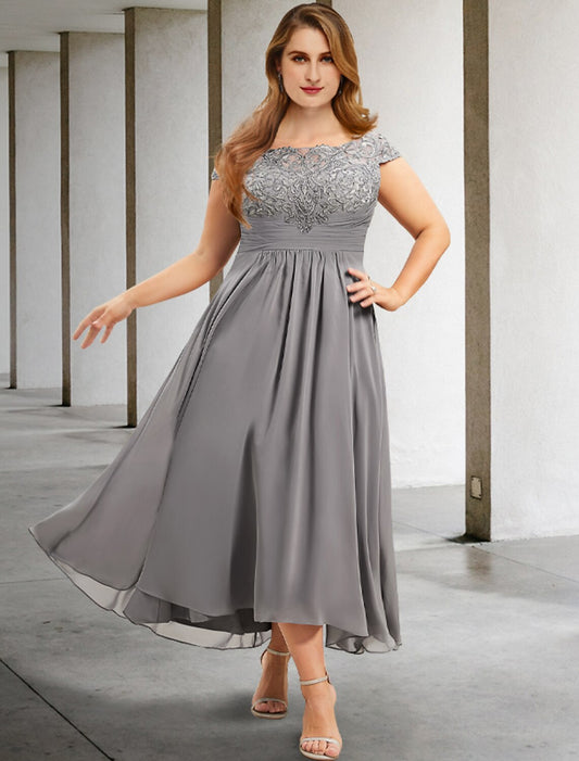 A-Line Plus Size Curve Mother of the Bride Dresses Elegant Dress Formal Tea Length Short Sleeve Jewel Neck Chiffon with Pleats Ruched Appliques