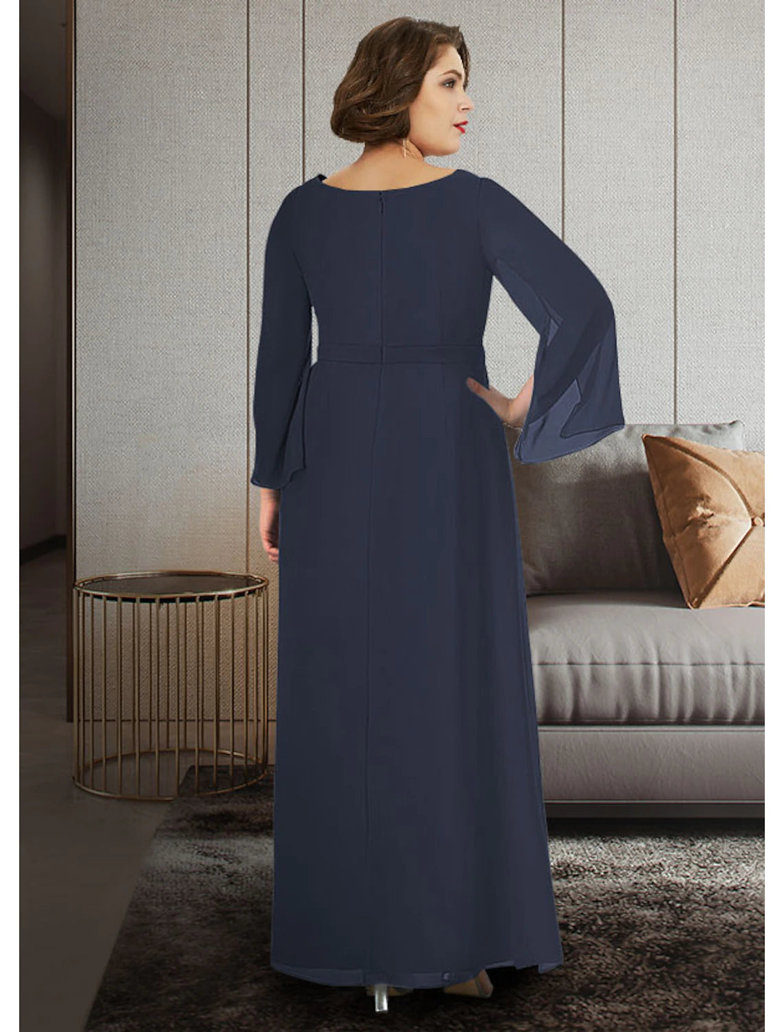 A-Line Mother of the Bride Dress Plus Size Elegant V Neck Ankle Length Chiffon 3/4 Length Sleeve with Sash / Ribbon Ruching