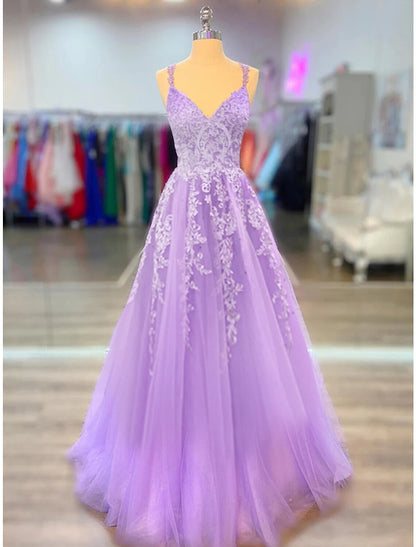 A-Line Prom Dresses Maxi Dress Formal Wedding Guest Court Train Sleeveless Spaghetti Strap Stretch Chiffon with Appliques Shouder Flower