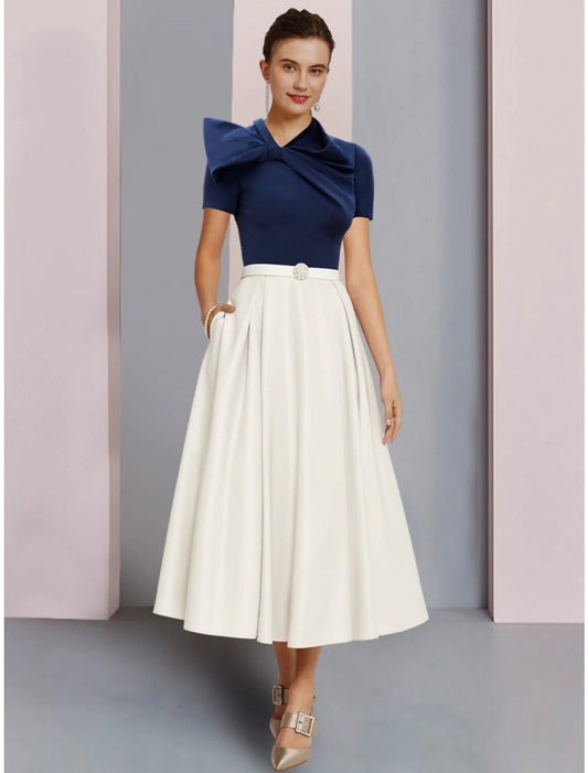 A-Line Mother of the Bride Dress Wedding Guest Elegant Jewel Neck Tea Length Satin Short Sleeve with Bow(s) Crystal Brooch Ruching