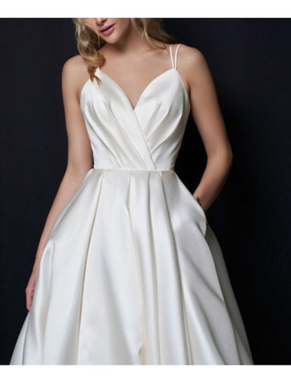 Hall Simple Wedding Dresses A-Line Sweetheart Camisole Spaghetti Strap Court Train Satin Bridal Gowns With Pleats Split Front