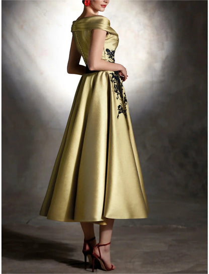 A-Line Cocktail Champagne Gold Dresses Vintage Dress Formal Wedding Guest Tea Length Sleeveless Off Shoulder Satin with Pleats Appliques