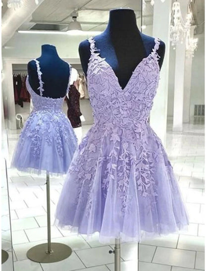 A-Line Homecoming Dresses Backless Dress Graduation Short / Mini Sleeveless Spaghetti Strap Tulle with Appliques