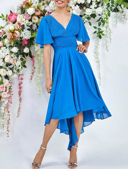 A-Line Cocktail Dresses Elegant Dress Wedding Summer Asymmetrical Sleeveless V Neck Chiffon with Ruched