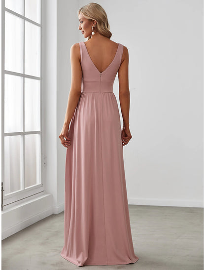 A-Line Prom Dresses High Split Dress Wedding Guest Floor Length Sleeveless V Neck Chiffon V Back with Slit