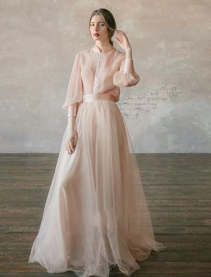 Two Piece Party Dress Minimalist Wedding Guest Formal Evening Birthday Dress Stand Collar Long Sleeve Floor Length Chiffon with Tier