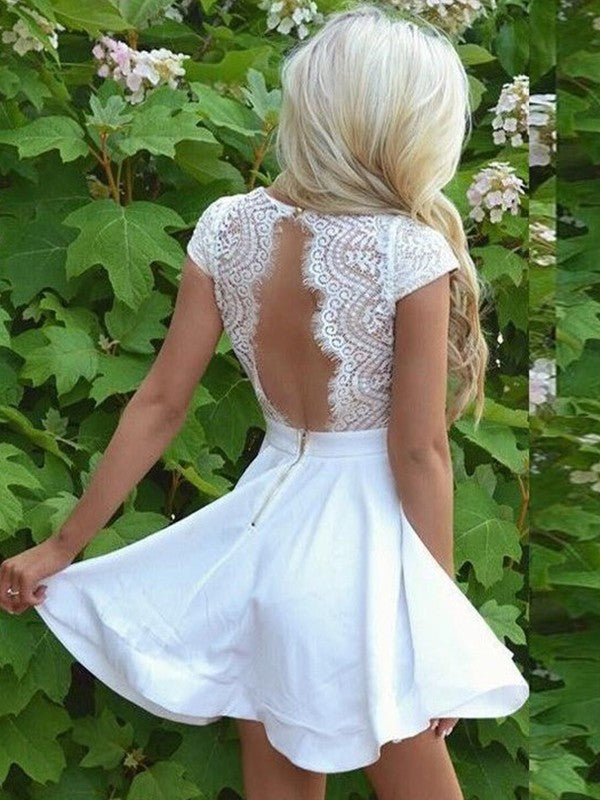 A-Line/Princess V-neck Lace Satin Short Sleeves Short/Mini Dresses