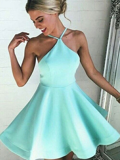 A-Line/Princess Satin Halter Sleeveless Pleated Short/Mini Dresses