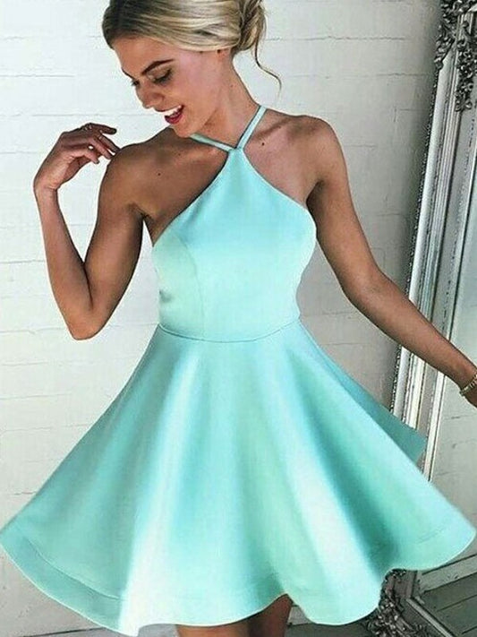 A-Line/Princess Satin Halter Sleeveless Pleated Short/Mini Dresses