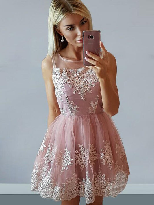 A-Line/Princess Tulle Sleeveless Scoop Applique Short/Mini Dresses