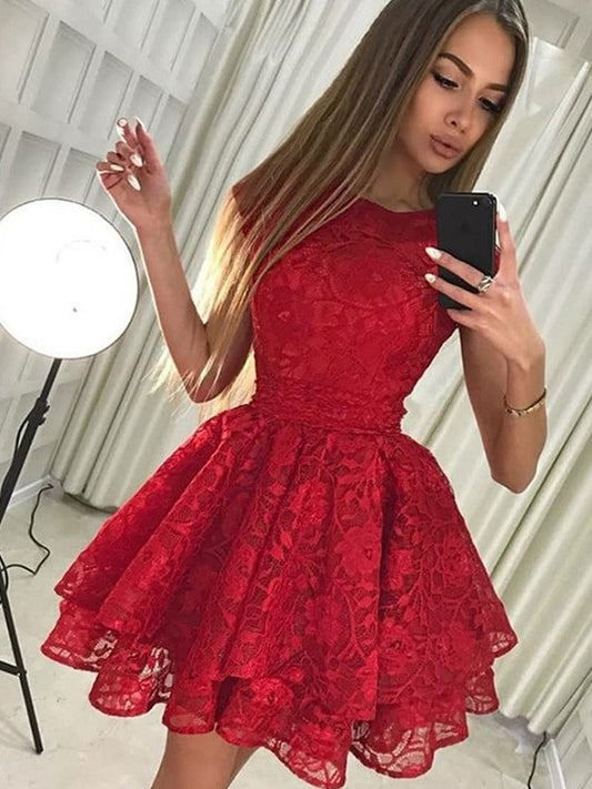 A-Line/Princess Sleeveless Scoop Lace Short/Mini Dresses