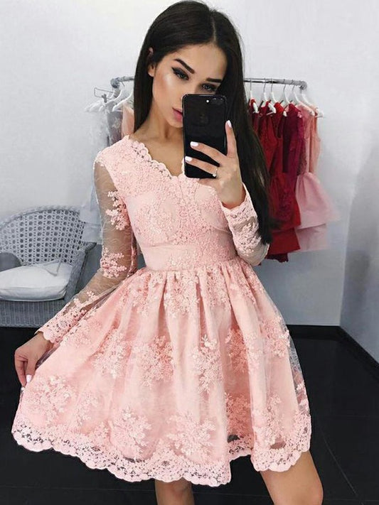 A-Line/Princess Lace Long Sleeves Applique V-neck Short/Mini Dresses