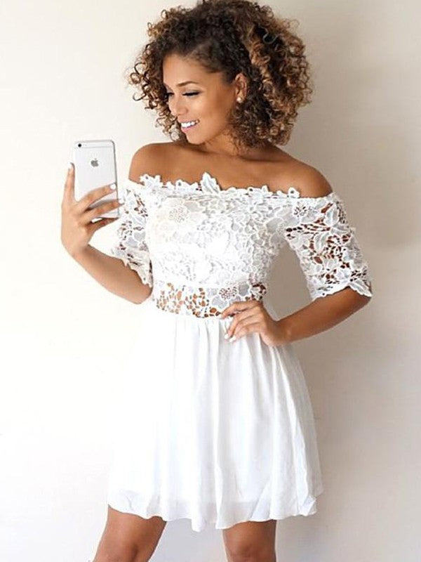 A-Line/Princess Chiffon Applique Off-the-Shoulder 1/2 Sleeves Short/Mini Dresses