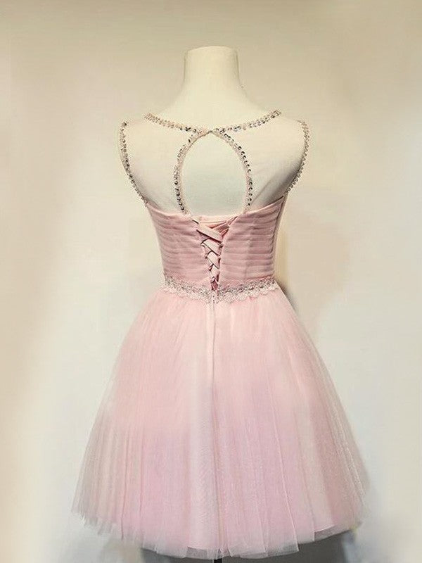 A-Line/Princess Tulle Beading Scoop Sleeveless Short/Mini Homecoming Dresses