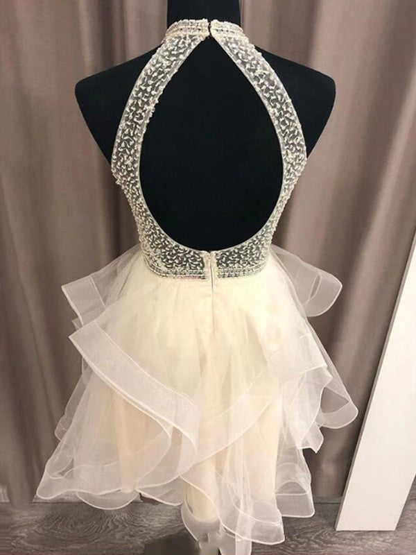 A-Line/Princess Organza Beading Halter Sleeveless Short/Mini Homecoming Dresses