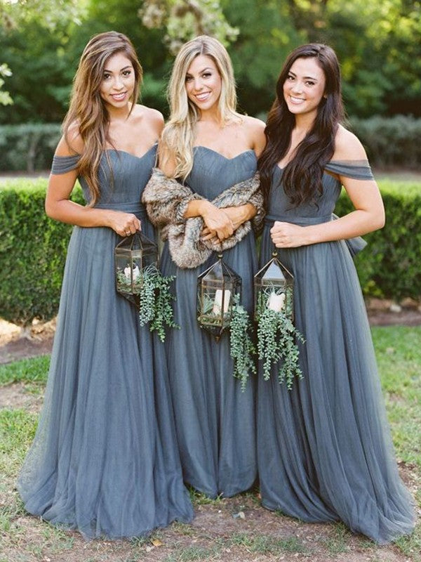 A-Line/Princess Floor-Length Tulle Ruffles Off-the-Shoulder Sleeveless Bridesmaid Dresses