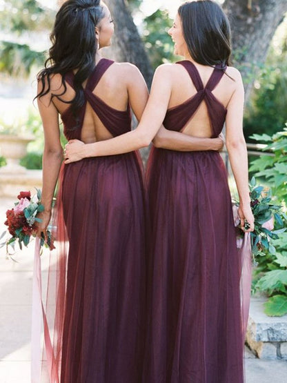 A-Line/Princess Floor-Length Halter Tulle Sleeveless Ruffles Bridesmaid Dresses