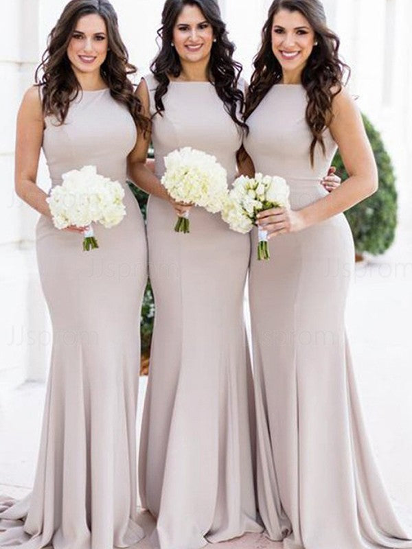 Trumpet/Mermaid Stretch Crepe Ruffles Scoop Sweep/Brush Train Sleeveless Bridesmaid Dresses