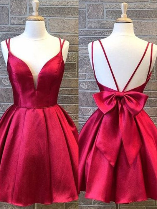 A-Line/Princess Satin Spaghetti Straps Sleeveless Bowknot Short/Mini Homecoming Dresses