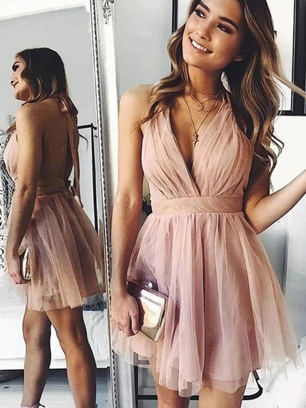 A-Line/Princess Tulle Ruched Halter Sleeveless Short/Mini Homecoming Dresses